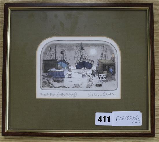 Graham Clarke, coloured aqautint and etching, Fresh fish, signed in pencil, 9 x 13cm.